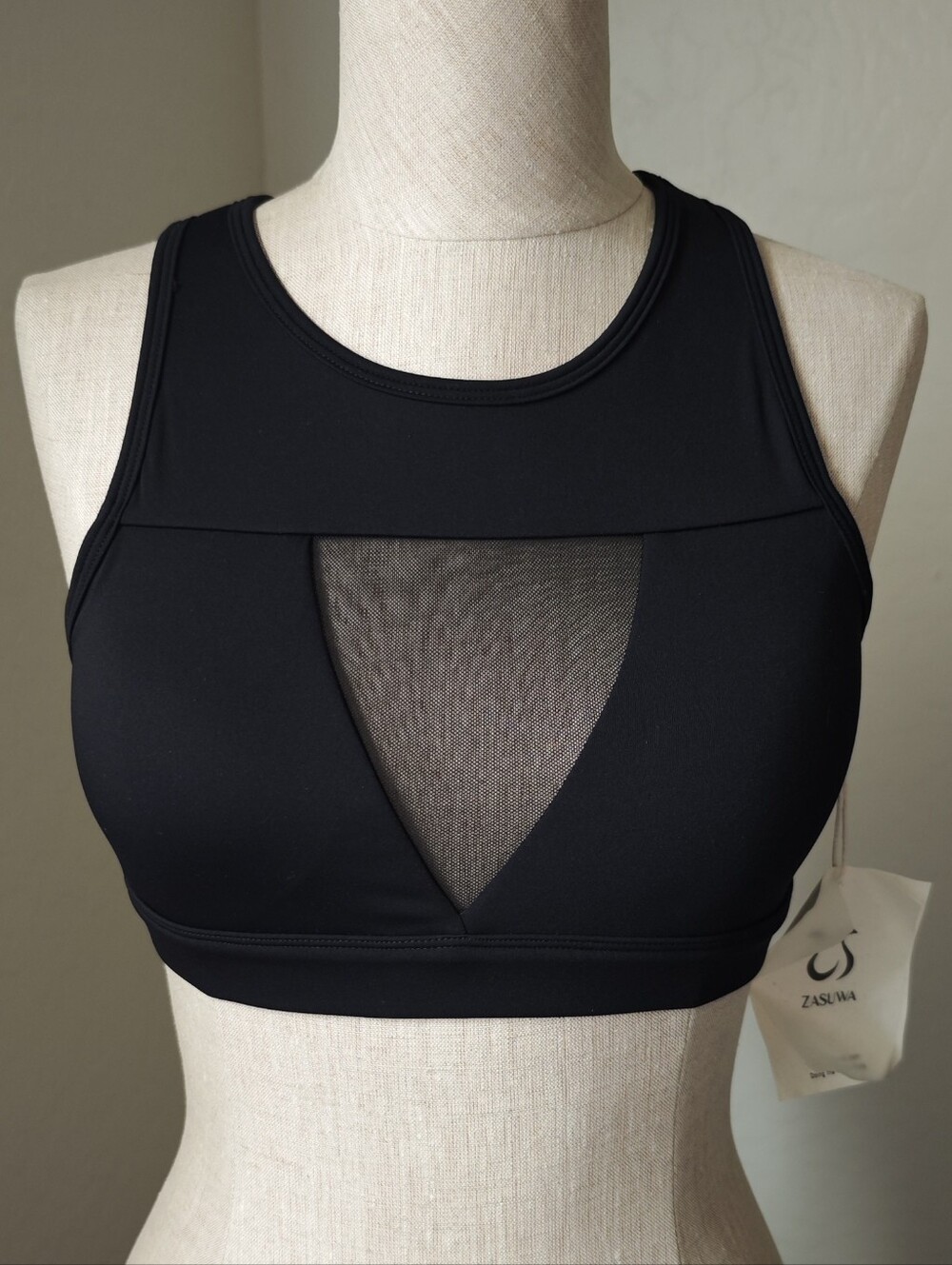 ZASUWA Black High Neck Sports Bra Mesh Cutout Yoga Workout Athleisure Size M